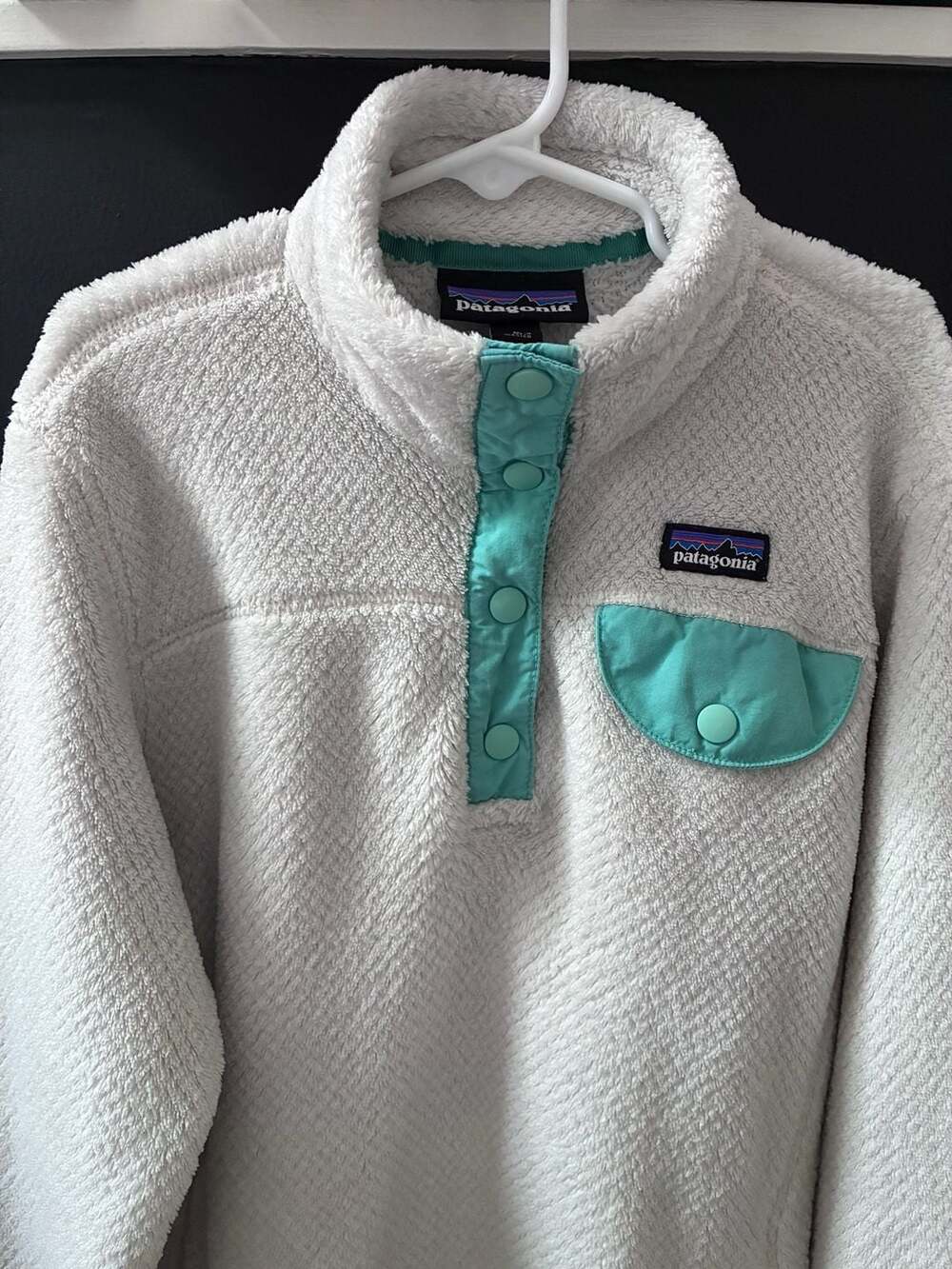 Patagonia Girls' Re-Tool Snap-T Fleece Pullover - Cream with Teal Trim